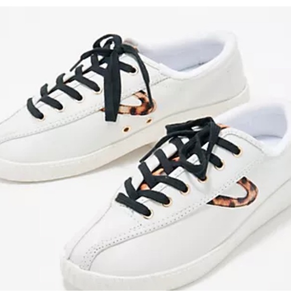 Tretorn White Leather Sneakers with Black and Brown animal print. - Picture 1 of 12